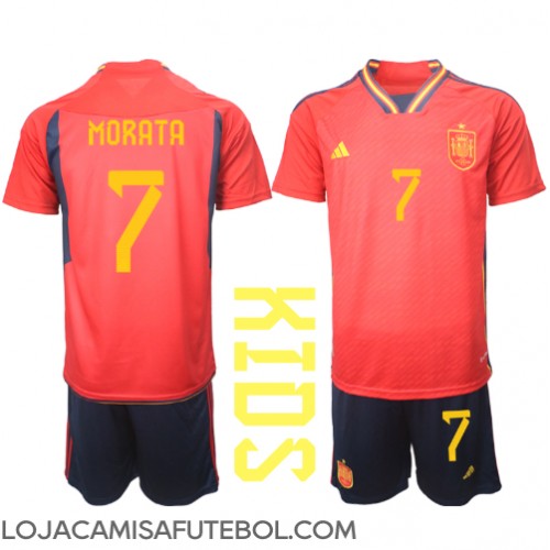 Camisa de Futebol Espanha Alvaro Morata #7 Equipamento Principal Infantil Mundo 2022 Manga Curta (+ Calças curtas)